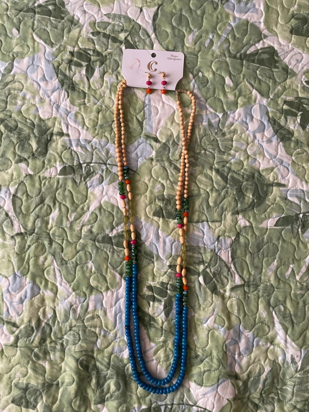Charming Charlie Beaded Long Necklace and Earrings Set - Blue & Natural